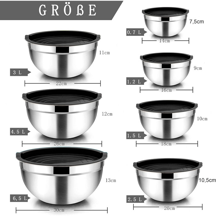 Набір місок Homikit з нержавіючої сталі, 7 шт. з кришкою, для приготування, випічки та сервірування, чорний