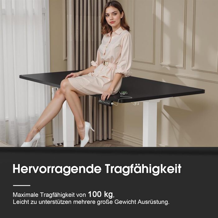 Електричний столик для роботи JUMMICO, 180x80 см, з регулюванням висоти, dualmotor, 100 кг, з кабелеуправлінням, 3 пам'яті висоти, USB-C, для home office (чорний+білий)