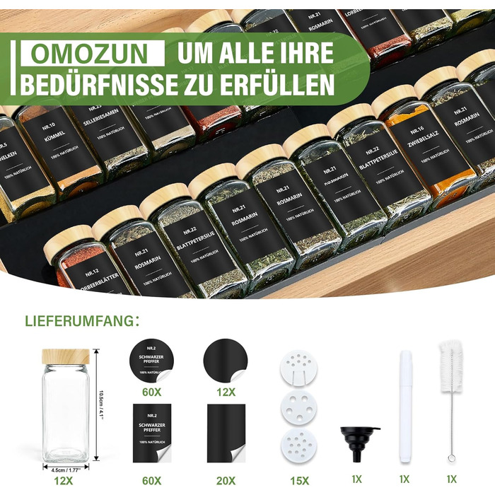 Набір кухонних банок для спецій 24 шт. з етикетками: скляні дозатори 120 мл з ситечком, вологостійкі етикетки, органайзер для спецій у шухляду, чорний