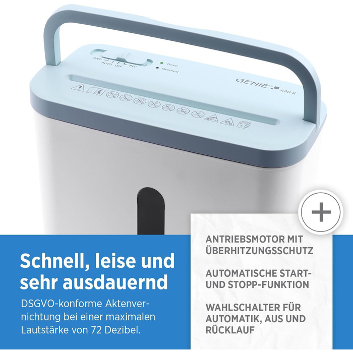 Шредер Genie 440 X II P4: Надійний знищувач документів для дому та офісу | Об'єм кошика 9L, функція Auto-Start-Stop, автоматичне виявлення паперу | Синій