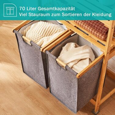 Кошик для білизни YOUDENOVA з бамбукового каркасу, 2 відсіки, 2 висувні мішки для білизни, 93x64x33 см, 70 л, сірий