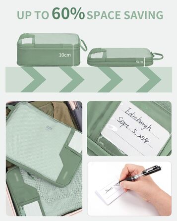 Набір компресійних органайзерів для валізи та рюкзака ECOHUB, 4 предмети, еко-серія з сіткою та бирками, зелений