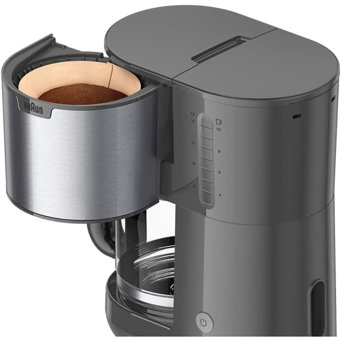 Кавоварка Braun PurShine KF1500GY, фільтраційна, скляний глечик, система OptiBrew, антикрапельна функція, автоматичне вимкнення, 10 чашок, 1000 Вт, сіра
