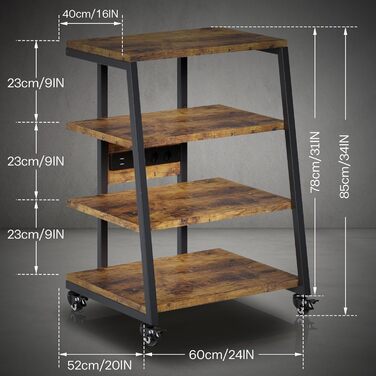 Стійка для Hi-Fi апаратури на 4 рівні з розетками, регульованими полицями, колесами та LED-підсвічуванням (керування через додаток) | 60x51x85 см | Дерев'яно-сталева стійка для програвачів, медіа-пристроїв