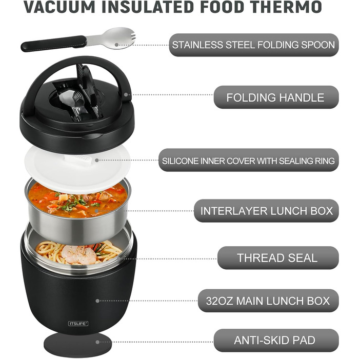 Термоконтейнер для їжі Itslife 970мл, термоконтейнер з кришкою, з нержавіючої сталі з ложкою, термотермос для їжі, ланч-бокс для супів, дитячого харчування, каші (зелений) (чорний)