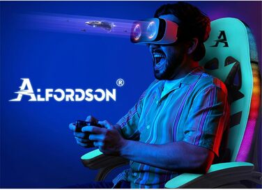 Ігровий крісло Alfordson з підсвічуванням RGB, масажний комп'ютерний крісло з підніжкою, ергономічний поворотний крісло з регульованою спинкою, колір Cyan