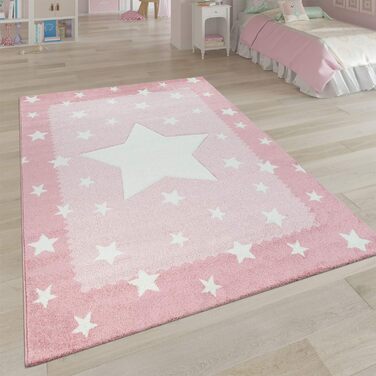Дитячий килимок дитяча Рожевий 3-D Stars Дизайн Бордюр М'який міцний короткий ворс, Розмір 80x150 см 80 x 150 см