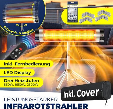 Інфрачервовий обігрівач KESSER® 2500W з пультом дистанційного керування та захисним чохлом, телескопічна стійка, для тераси, кварцовий нагрівач, срібний