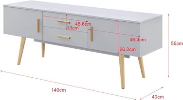 Тумба під ТВ 140x40x56 см, 2 дверцята, 2 ящики, світло-сіра