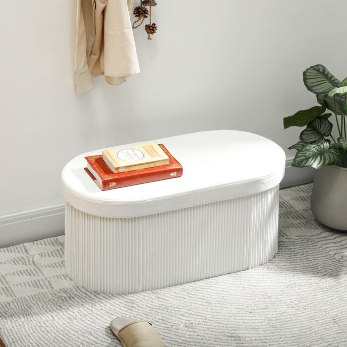 Зручна банкетка з місцем для зберігання, розкладна, оббивка з ефектом оксамиту для вітальні, 76 x 38 x 35 см, кремового кольору