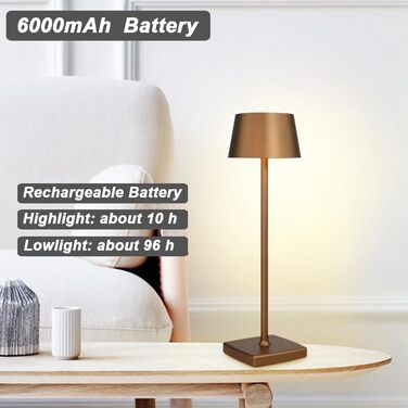 LED настільна лампа бездротова, 6000mAh, IP54, алюміній, сенсорне керування, тепле світло, для спальні, кав'ярні, ресторану (коричнева)