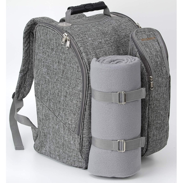 Рюкзак для пікніка на 2 особи BruBaker сірий, 28x40x22 см з термокишенею, ізольованим утримувачем для пляшок та флісовою ковдрою з водонепроникним дном