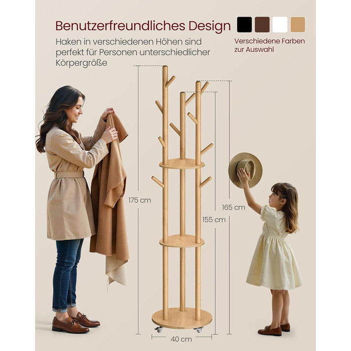 Вішалка для одягу VASAGLE з 11 гачками та 3 полицями, на коліщатках, з масиву дерева, для передпокою, спальні, вітальні, RCR023B01 (натуральний колір)