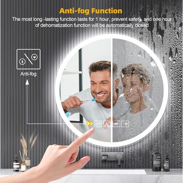 Дзеркало Bellanny LED з підсвічуванням 60 см | Настінне дзеркало для ванної кімнати, дзеркало для макіяжу | Дзеркало для макіяжу з сенсорним вимикачем, 3 кольори світла, регулювання яскравості, проти запотівання, IP44, горизонтальне/вертикальне (Bluetooth