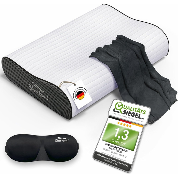 Ортопедична подушка для шиї Sleep Good з безкоштовним чохлом - проти болю в шиї - з піною з пам'яті, регульована висота - подушка для тих, хто спить на боці, сіра