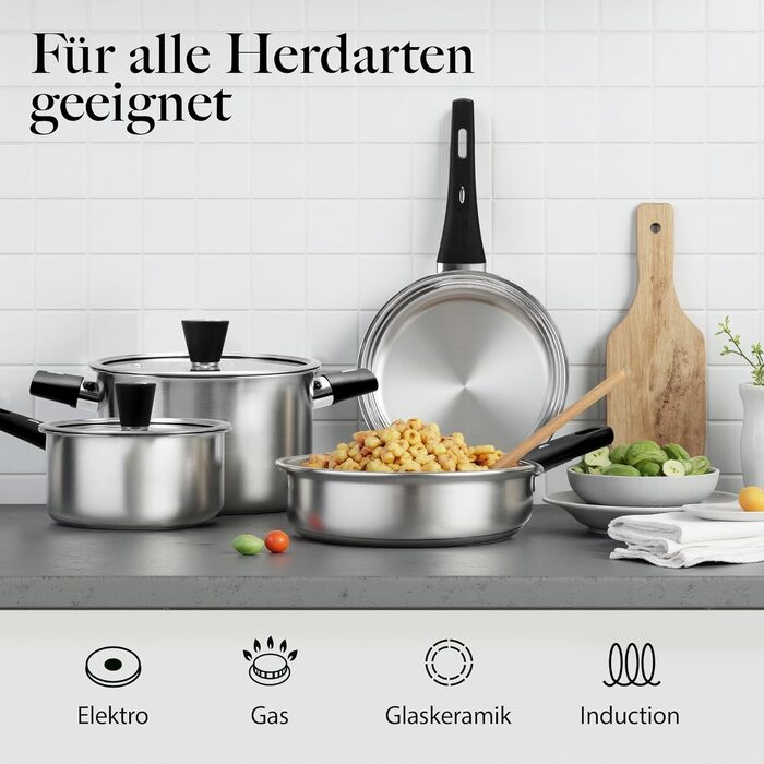 Набір каструль 6 шт. з нержавіючої сталі для індукційних плит, Cookware Set, нержавіюча сталь, без антипригарного покриття, сумісний з усіма типами плит, з кришкою та захистом від опіків, для посудомийної машини