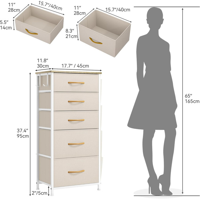 Комод, 5 шухляд, з гачками та бічними кишенями, металевий каркас, для спальні та офісу, бежевий