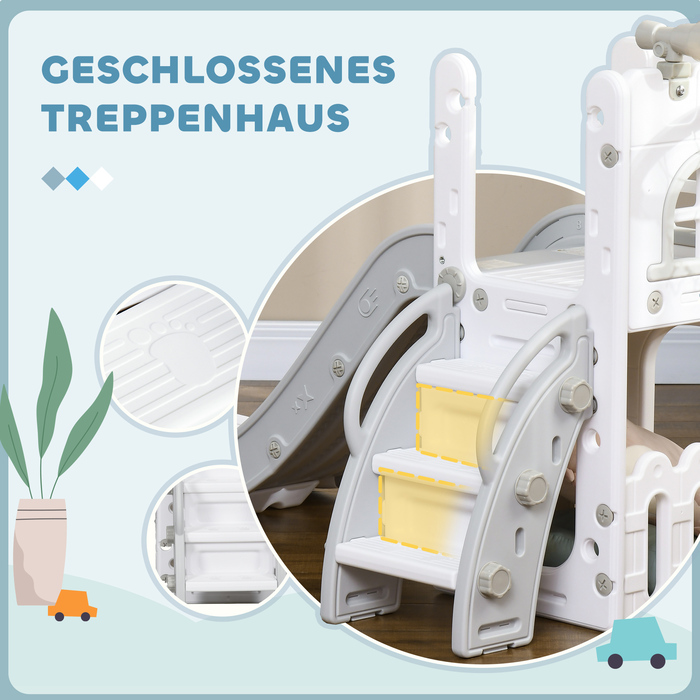 Дитяча гірка 5-в-1 з баскетбольним кільцем та розсувною конструкцією для лазіння, сірого кольору, розміром 70 x 177 x 92 см