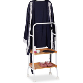 Німий слуга на коліщатках, пересувна вішалка для одягу з 2 полицями, металева і бамбукова, 129 x 42 x 32 см, біла