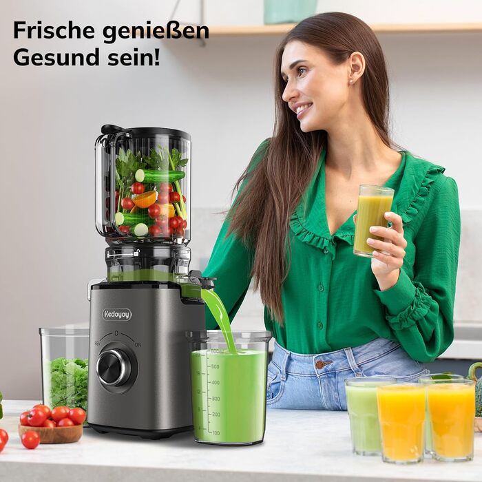 Електричний соковитискач Slow Juicer з великою завантажувальною воронкою 120 мм для цілих овочів та фруктів, об'єм контейнера для соку 600 мл, легке очищення, для сім'ї, фітнесу та здоров'я (сірий)