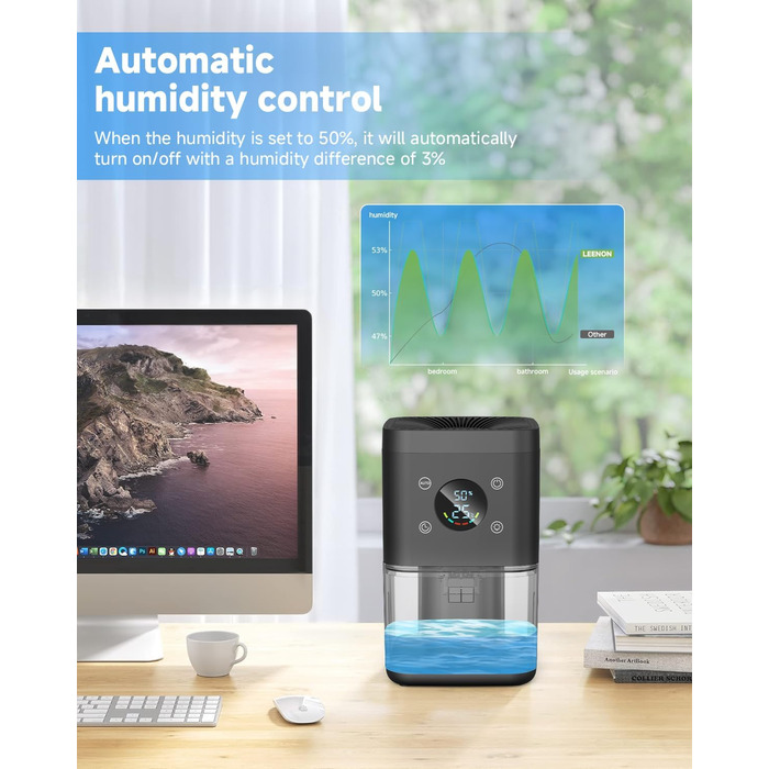 Електричний осушувач повітря 1800 мл - тихий осушувач для дому з функцією відтавання, очищення повітря та захистом від вологи. Ідеально для спальні та ванної кімнати (білий/чорний)