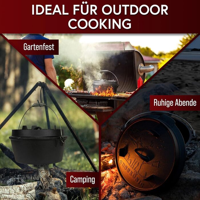 Набір чавунних казанів Essential Line для 3–6 осіб: казан 7,5 л та кришка 1,5 л, прожарений вогонь, з підйомником кришки, кільцем для чищення, пастою для догляду та книгою рецептів, гарантія 30 років