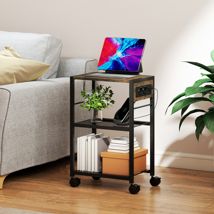 Підставка для принтера з полицею та колесами, з розетками, USB та USB-C портами, до 40 кг, у стилі рустикального коричневого