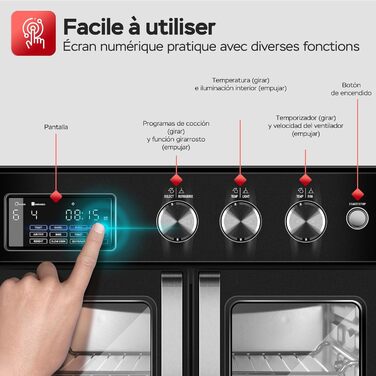 TurboTronic Міні-піч 4в1: конвекційна піч, фритюрниця, дегідратор, гриль. Об'єм 32л, з поворотним шампуром та аксесуарами. Чорний колір.