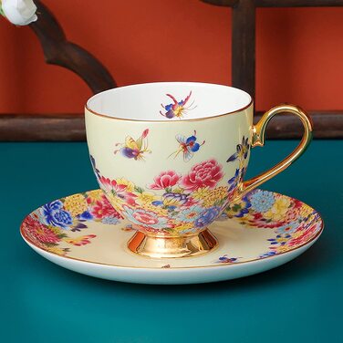 Набір різнокольорових кавових чашок і блюдців fanquare з ложкою, порцеляновий візерунок у вигляді квіткового метелика, чайна чашка з тонкого кістяного порцеляни, (жовтий)