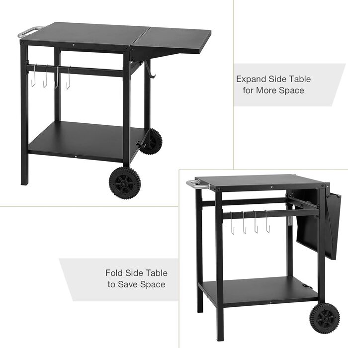 Стіл для грилю GIANTEX з відкидною робочою поверхнею, на коліщатках, з 2 полицями та 4 гачками, металевий, чорний