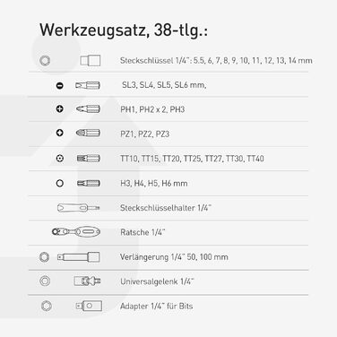 Набір інструментів Högert Technik 38 предметів: валіза з інструментами, тріскачковий набір, набір торцевих головок, біти 1/4