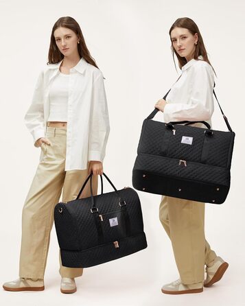 LOVEVOOK Складаний дорожній саквояж для жінок, 2-в-1, з сумкою для взуття, водонепроникний, для ручної поклажі, 53L, чорний