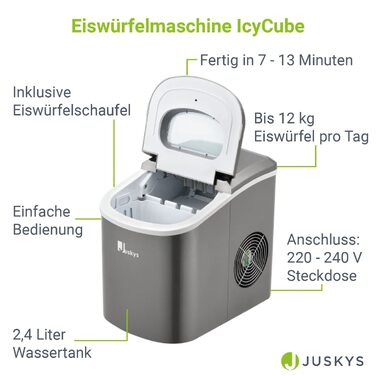 Машина для виробництва кубиків льоду Juskys IcyCube - 12 кг/24 години - 7-13 хв - 100 Вт - 2,4 л Резервуар для води - сірий