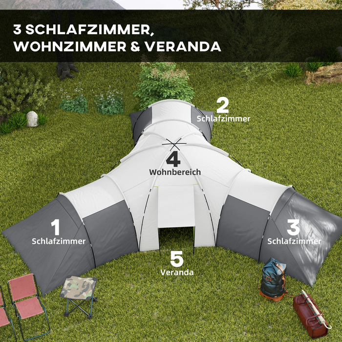 Кемпінговий намет Outsunny Tunnel Tent на 6-9 осіб з 3 спальнями, вітальнею та верандою, водяний стовп 2000 мм, сірий