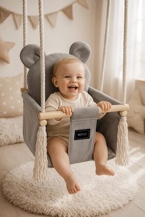 NATILU® Дитяча гойдалка для дому та саду | Велюр Сірий Ведмідь | Дерев'яна гойдалка | Гойдалка для малюків | Гойдалка для саду | Гойдалка для дітей від 6 місяців