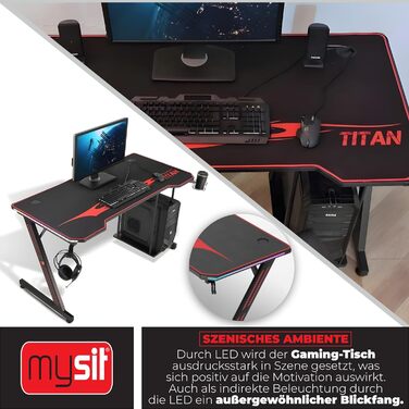 Ігровий стіл MY SIT Titan 140 см з підсвічуванням LED, тримачем для навушників, тримачем для ПК та напоїв, кабельною організацією, чорний