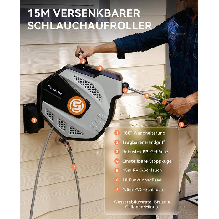 SUNPOW Ротаційний барабан для шланга на стіну 15м з розпилювачем - сірий, для дому та автомобіля, автоматичний збір