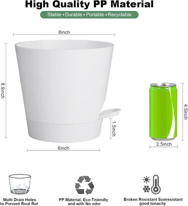 Набір горщиків для квітів 2 шт. 25.4 см та 20.3 см, пластик, з системою поливу, для дому, балкону, саду, сукулентів, кактусів (зелений, білий)