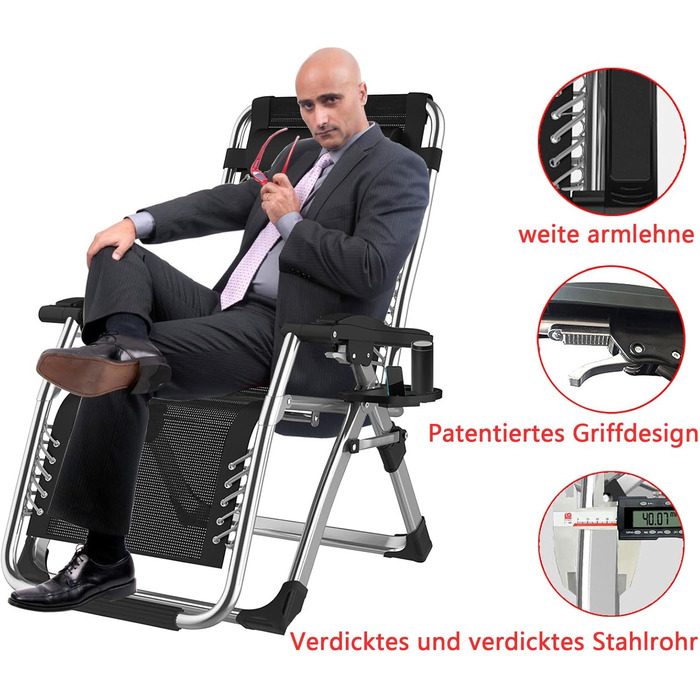 Розкладний шезлонг для саду та відпочинку на природі - 200 кг, срібний (83 см)