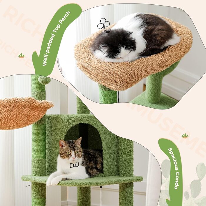 Кактус Котяче дерево 216-285см, 5 ярусів Cat Tower з гамаком, платформами та кулями (зелений)