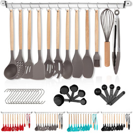 Набір силіконової кухонного посуду Berglander з 38 предметів, набір посуду з антипригарним покриттям, кухонне начиння з дерев'яною ручкою інструменти з багатоцільовими гачками і тримачами для посуду (червоний) (2-й сірий)