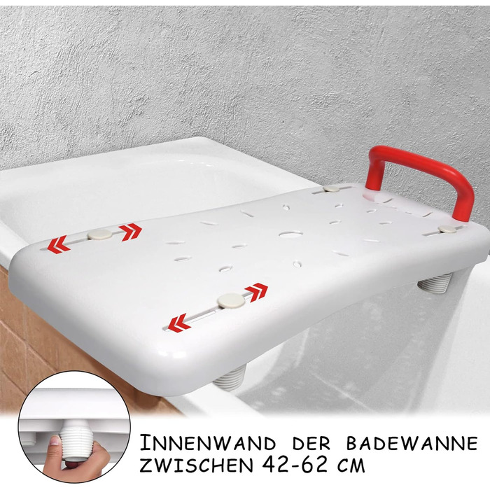 Сидіння для ванни для людей похилого віку, дошка для ванни для сидіння 70 * 31 см, регульована 41-63 см для дошки для ванни Біла ПП пластикова червона ручка, до 150 кг для допоміжного засобу для входу в душ для дорослих
