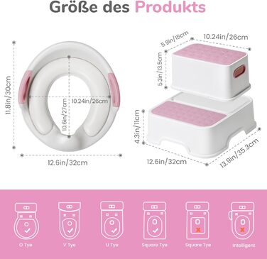 Дитяче сидіння на унітаз DEANIC з підставкою-сходинками, рожеве - для малюків від 1 до 6 років + 2 подушки та щітка
