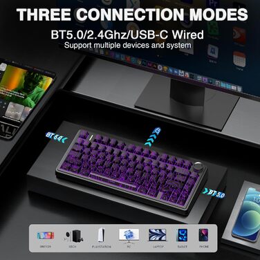 Механічна клавіатура AULA F75 PRO для геймінгу: 2.4GHz/Type-C/BT5.0, Hot-Swap, бездротова, 75%, QWERTY (сірий/чорний)