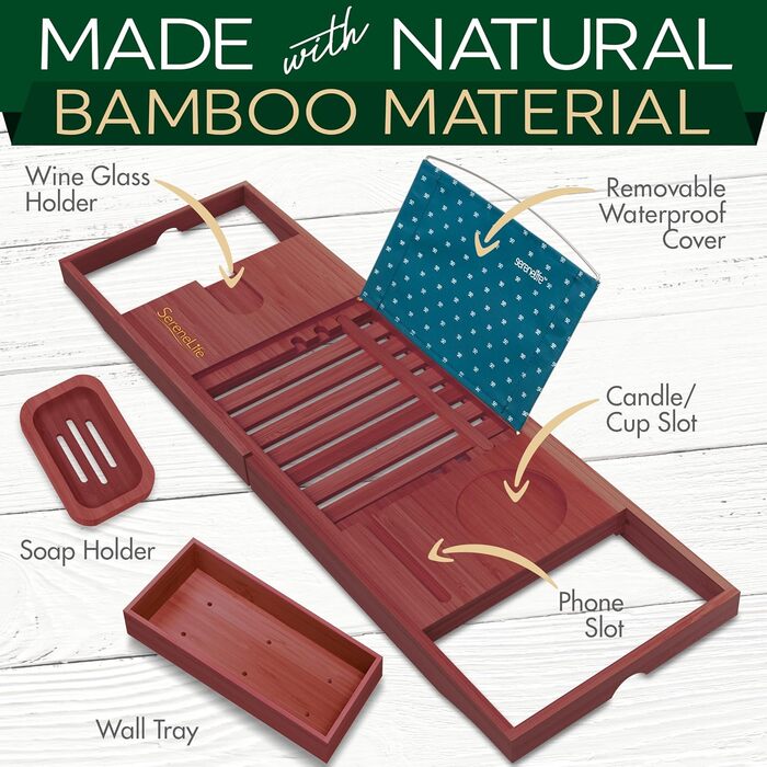 Підставка для ванни SereneLife з дерева – Розширювана підставка для ванни 70-105 см з тримачем для напоїв та книжковою підставкою (Колір: Коричневий)