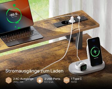 Ігровий стіл Seventable з LED підсвіткою, розетками та USB портами, шухлядами, підставкою для клавіатури та монітора (120x47x87 см, вінтажний коричневий)