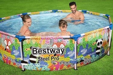 Каркасний басейн Bestway Steel Pro з навісом від сонця 'Splash-in-Shade без насоса Ø 244 x 51 см, барвистий фруктовий дизайн, круглий (274 x 66 см)