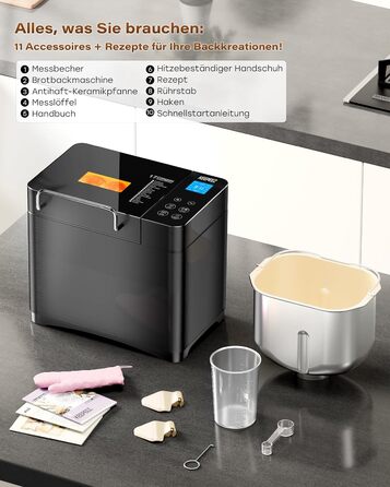 Преміум хлібопекарка Konvektions-Brotbackautomat 710W з керамічною формою, 17 функцій, диспенсер для горіхів, сталь, чорна