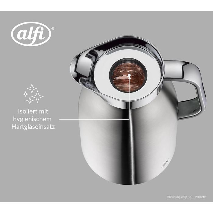Термос Alfi SKYLINE 1,5л з нержавіючої сталі з вбудованим скляним вкладишем, поворотний замок з зручною кнопкою, ергономічна ручка, для використання однією рукою, ідеальний як кавоварка