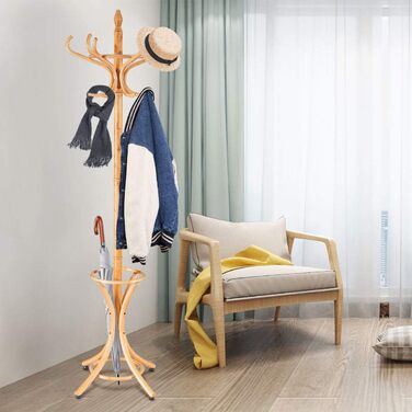 Стійка для одягу GIANTEX з підставкою для парасольки, дерев'яна, 12 гачків, для передпокою/вітальні (натуральний колір)